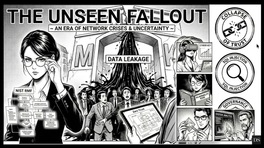 Vintage halftone manga-style infographic titled The Unseen Fallout, depicting the McKinsey Lilli AI data breach with crumbling stone letters, panicked executives, and expert analysts reviewing system vulnerabilities.