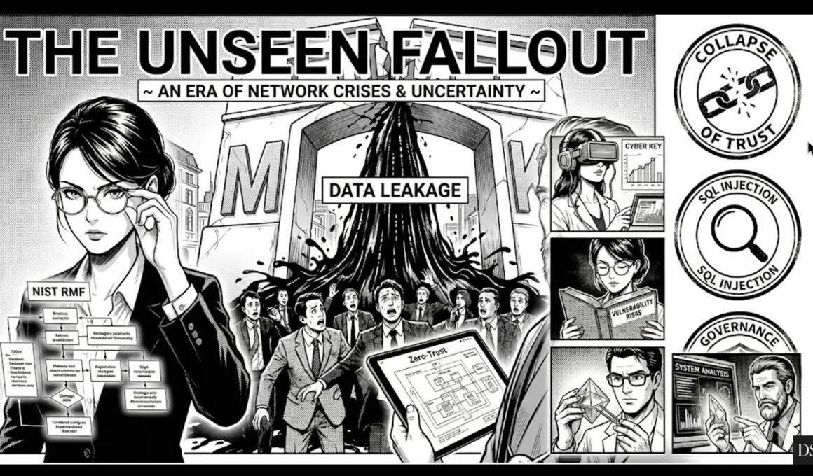 Vintage halftone manga-style infographic titled The Unseen Fallout, depicting the McKinsey Lilli AI data breach with crumbling stone letters, panicked executives, and expert analysts reviewing system vulnerabilities.