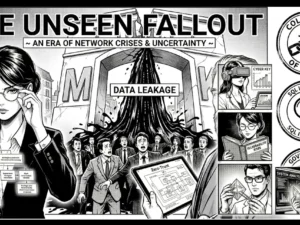 Vintage halftone manga-style infographic titled The Unseen Fallout, depicting the McKinsey Lilli AI data breach with crumbling stone letters, panicked executives, and expert analysts reviewing system vulnerabilities.