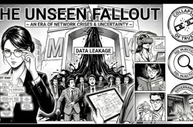 Vintage halftone manga-style infographic titled The Unseen Fallout, depicting the McKinsey Lilli AI data breach with crumbling stone letters, panicked executives, and expert analysts reviewing system vulnerabilities.