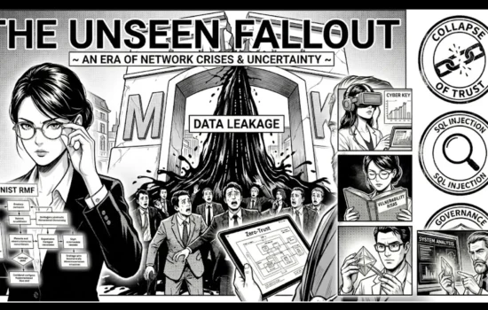 Vintage halftone manga-style infographic titled The Unseen Fallout, depicting the McKinsey Lilli AI data breach with crumbling stone letters, panicked executives, and expert analysts reviewing system vulnerabilities.