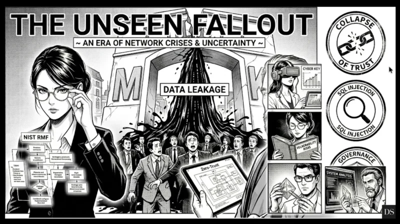 Vintage halftone manga-style infographic titled The Unseen Fallout, depicting the McKinsey Lilli AI data breach with crumbling stone letters, panicked executives, and expert analysts reviewing system vulnerabilities.