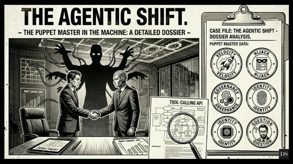 Seinen manga panel showing a CEO meeting an AI agent while the Sensei points to a sidebar of technical risks: Agentic Velocity and Prompt Hijacking.