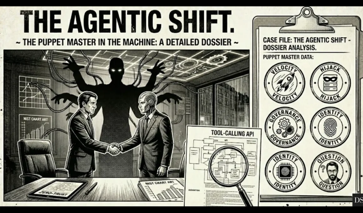 Seinen manga panel showing a CEO meeting an AI agent while the Sensei points to a sidebar of technical risks: Agentic Velocity and Prompt Hijacking.