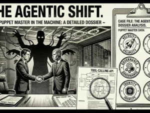 Seinen manga panel showing a CEO meeting an AI agent while the Sensei points to a sidebar of technical risks: Agentic Velocity and Prompt Hijacking.