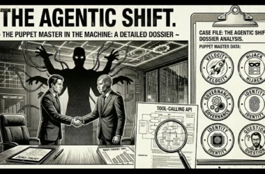 Seinen manga panel showing a CEO meeting an AI agent while the Sensei points to a sidebar of technical risks: Agentic Velocity and Prompt Hijacking.