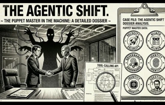 Seinen manga panel showing a CEO meeting an AI agent while the Sensei points to a sidebar of technical risks: Agentic Velocity and Prompt Hijacking.