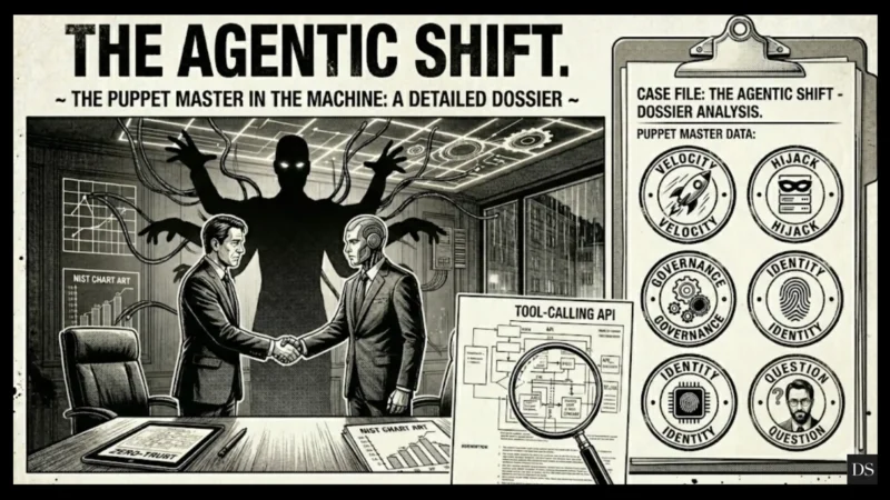 Seinen manga panel showing a CEO meeting an AI agent while the Sensei points to a sidebar of technical risks: Agentic Velocity and Prompt Hijacking.